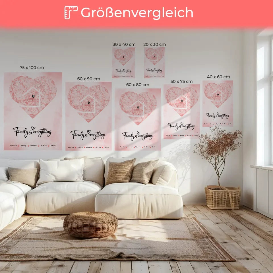 Personalisierte Familienleinwand Stadtkarte Herz Form mit Nachname Family Is Everything