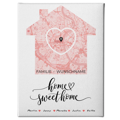 Personalisierte Familien Leinwand Stadtkarte Home Sweet Home mit Nachname