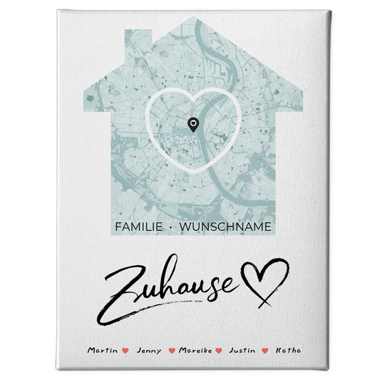 Personalisierte Familienleinwand Stadtkarte für Zuhause Herz Haus