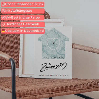 Personalisierte Familienleinwand Stadtkarte für Zuhause Herz Haus