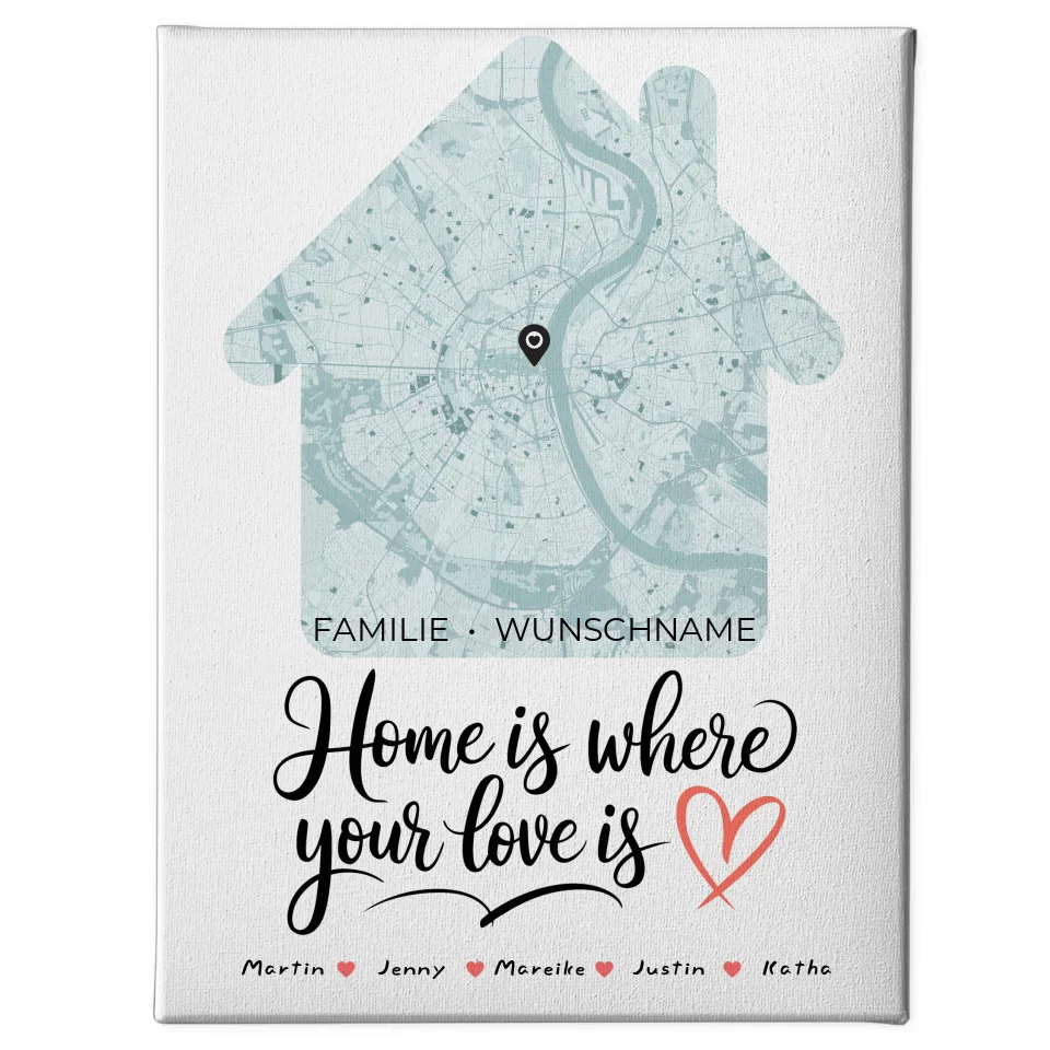 Personalisierte Leinwand Familie Stadtkarte Home Is Where Love Is