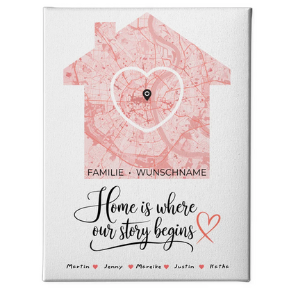 Personalisierten Familienleinwand Stadtkarte Where Our Story Begins Herz Haus mit Nachname