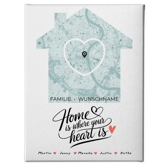 Personalisierte Leinwand Spruch Familie Stadtkarte Home Is Where Your Heart Is