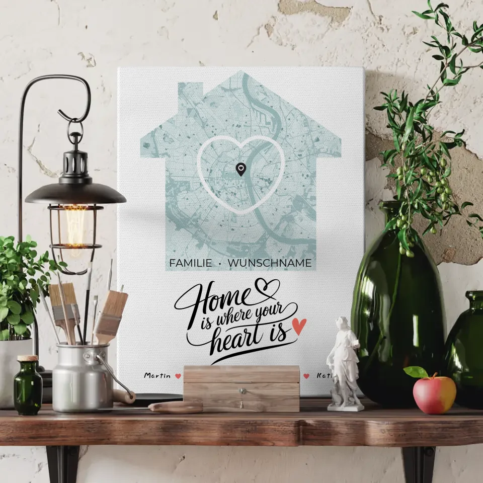 Personalisierte Leinwand Spruch Familie Stadtkarte Home Is Where Your Heart Is