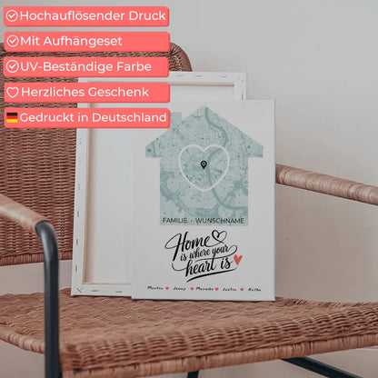 Personalisierte Leinwand Spruch Familie Stadtkarte Home Is Where Your Heart Is