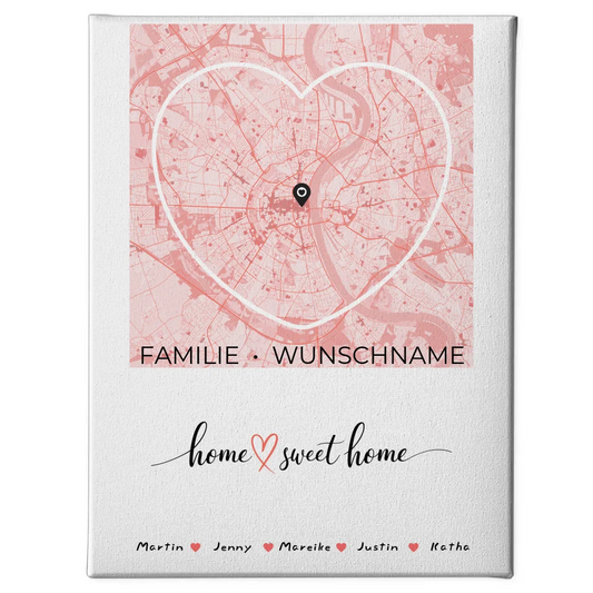 Personalisierte Familien Leinwand Stadtkarte Home Sweet Home Herzform mit Nachname