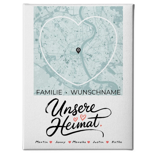 Personalisierte Familienleinwand Stadtkarte Unsere Heimat Herzform