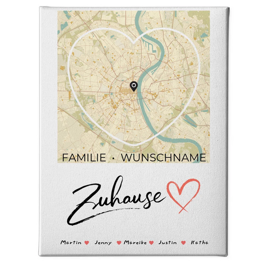 Personalisierte Leinwand Spruch Familie Stadtkarte Zuhause Herzform