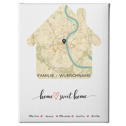 Personalisierte Familienleinwand Stadtkarte Home Sweet Home Hausform