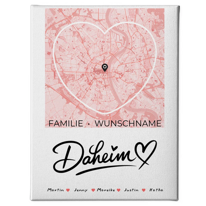 Personalisierte Familienleinwand Stadtkarte Daheim Herzform mit Nachname 1
