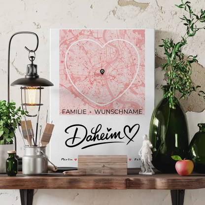Personalisierte Familienleinwand Stadtkarte Daheim Herzform mit Nachname 3