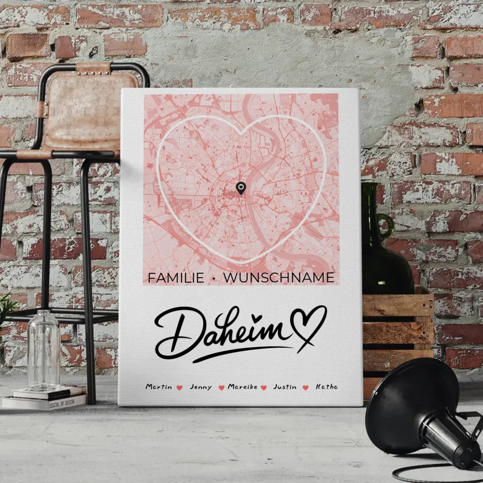 Personalisierte Familienleinwand Stadtkarte Daheim Herzform mit Nachname 4