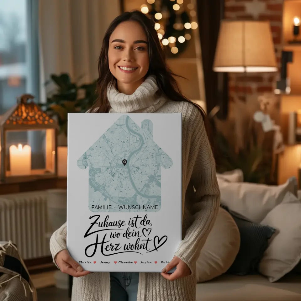 Personalisierte Familienleinwand Stadtkarte Zuhause Ist Da Hausform mit Nachname