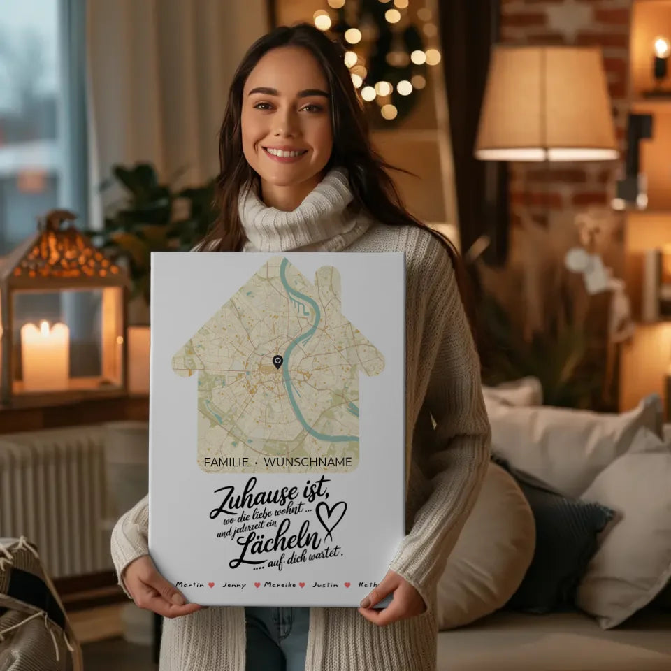 Personalisierte Leinwand Stadtkarte Wo die Liebe Wohnt Familie mit Nachname