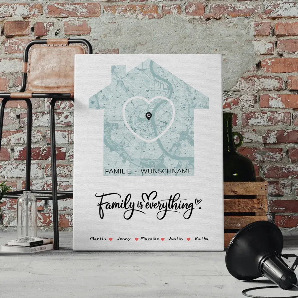 Personalisiertes Familien Leinwand Poster Stadtkarte Family Is Everything