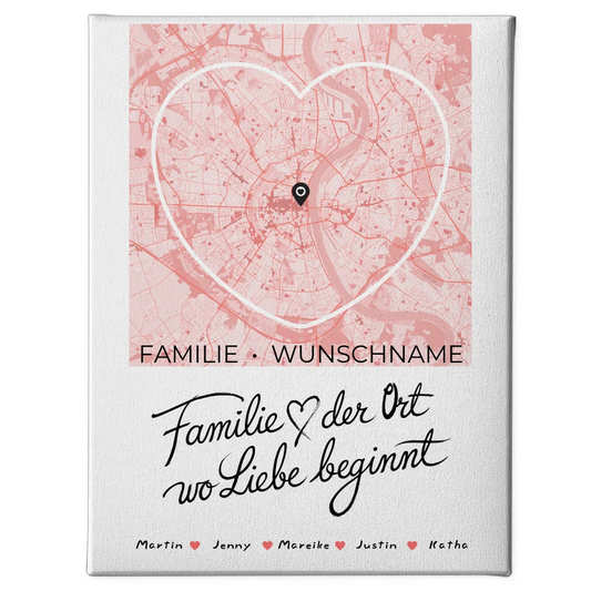 Leinwand personalisiert Stadtkarte Spruch Familie Herzform 1