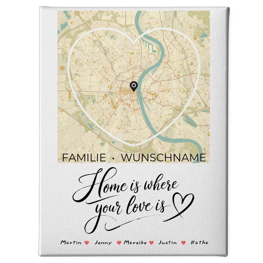 Personalisierte Familien Leinwand Stadtkarte Herzform Home Is Where Your Love Is