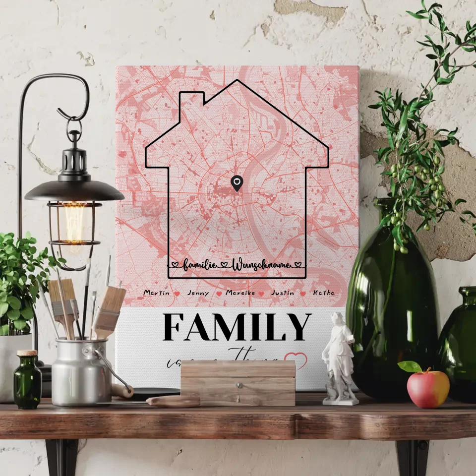 Personalisierte Leinwand Familie Stadtkarte Family Is Everything mit Nachname