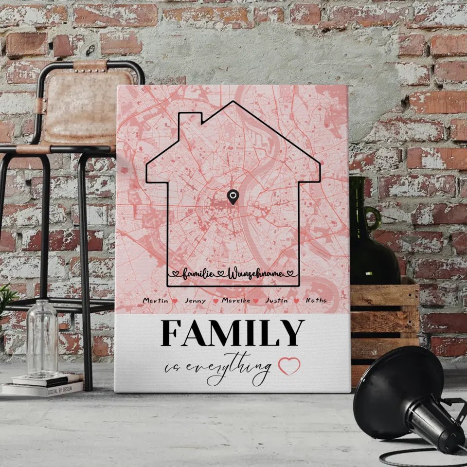 Personalisierte Leinwand Familie Stadtkarte Family Is Everything mit Nachname