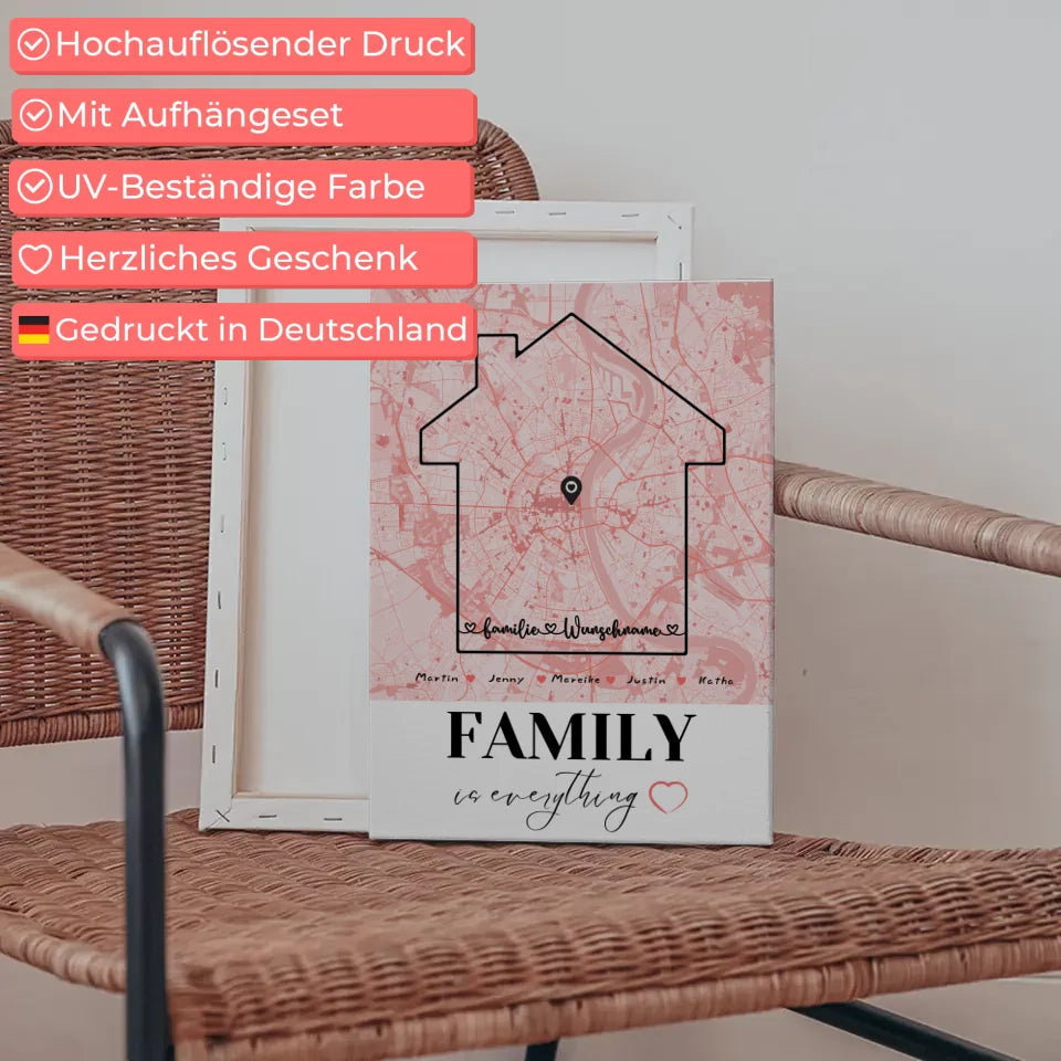 Personalisierte Leinwand Familie Stadtkarte Family Is Everything mit Nachname