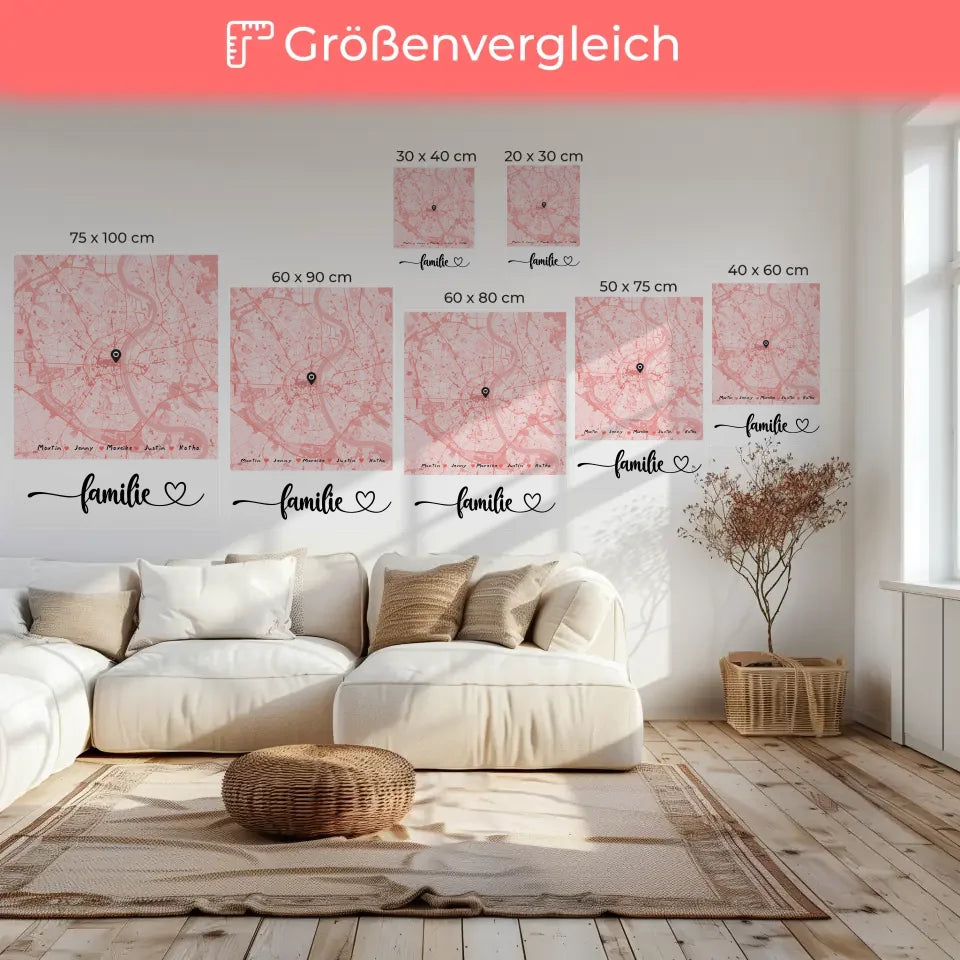 Personalisierte Leinwand Familie mit Nachname Stadtkarte