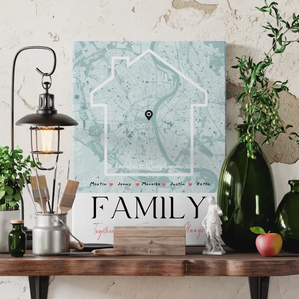 Personalisiertes Leinwand Familie Poster Stadtkarte Family Together mit Nachname