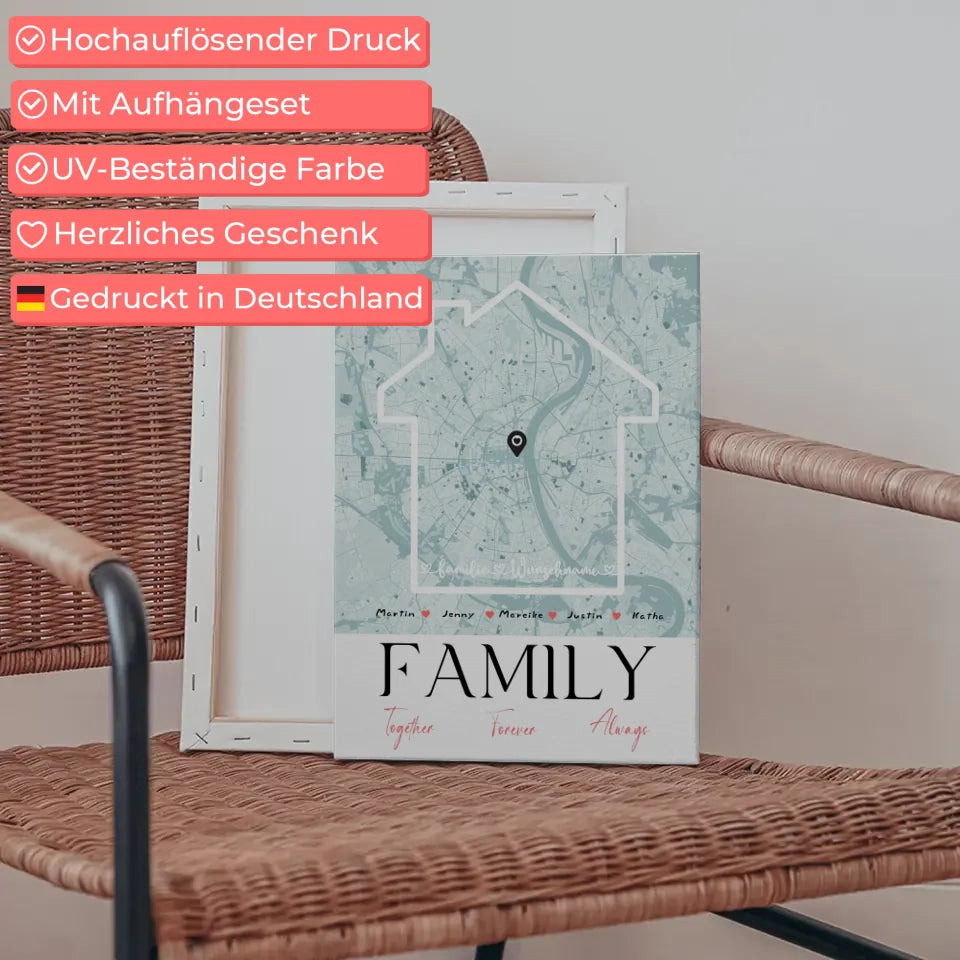 Personalisiertes Leinwand Familie Poster Stadtkarte Family Together mit Nachname