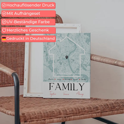 Personalisiertes Leinwand Familie Poster Stadtkarte Family Together mit Nachname