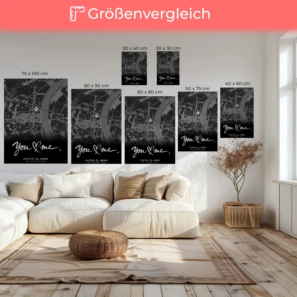 Personalisierte Leinwand Paare Stadtkarte Schwarz You & Me