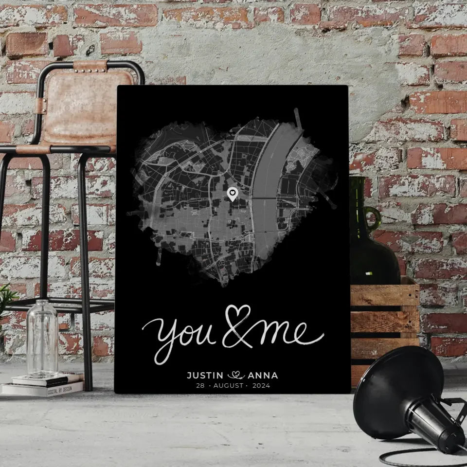 Personalisierte Leinwand Paare Stadtkarte Herzform You & Me