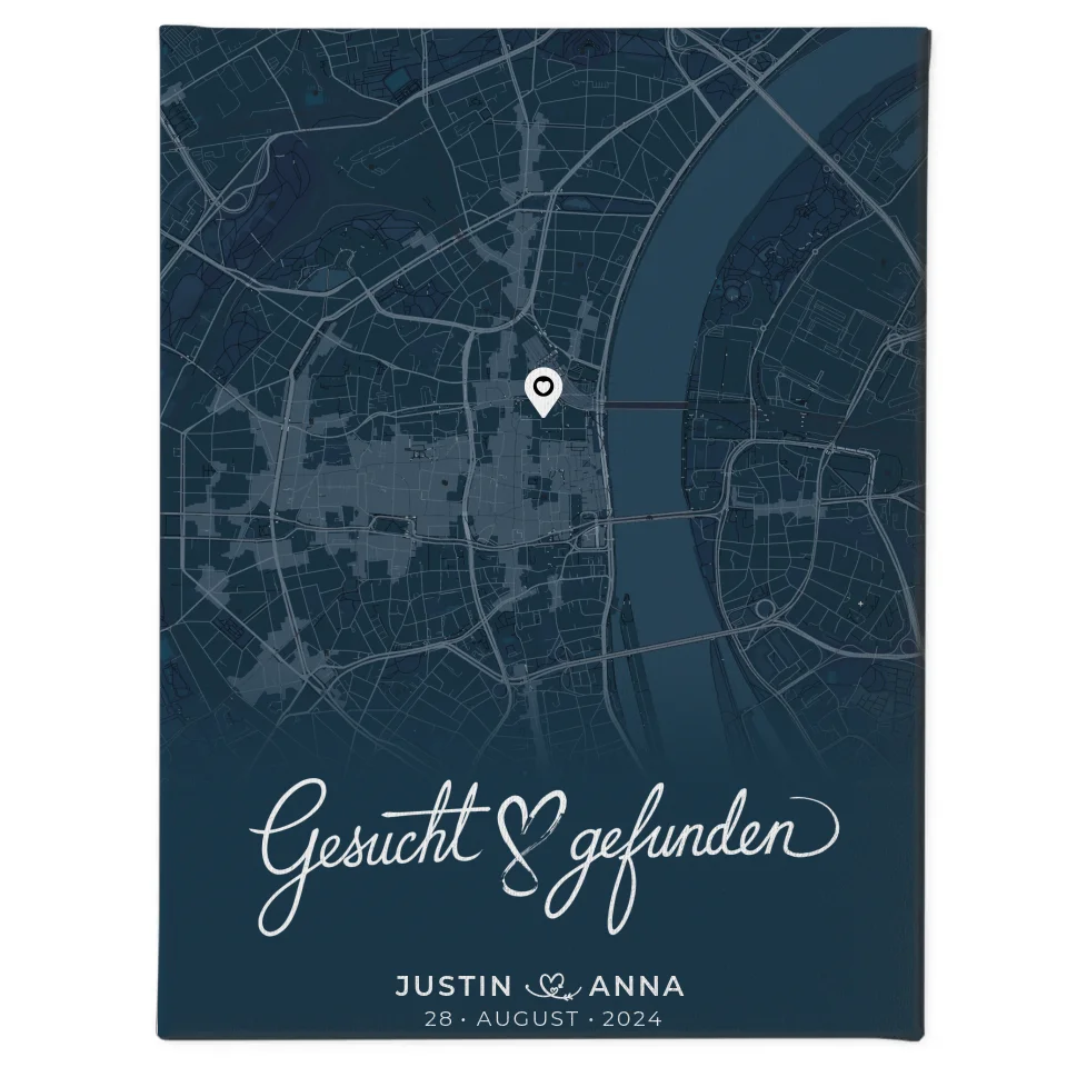 Personalisierte Liebes Leinwand für Paare Stadtkarte Blau gesucht gefunden 1