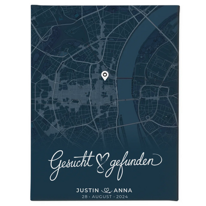 Personalisierte Liebes Leinwand für Paare Stadtkarte Blau gesucht gefunden 1