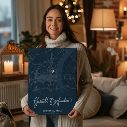 Personalisierte Liebes Leinwand für Paare Stadtkarte Blau gesucht gefunden 2