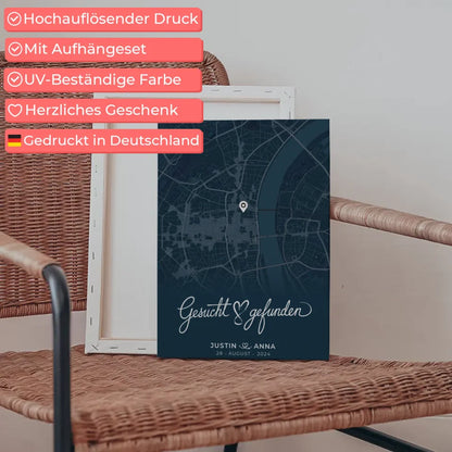 Personalisierte Liebes Leinwand für Paare Stadtkarte Blau gesucht gefunden 5
