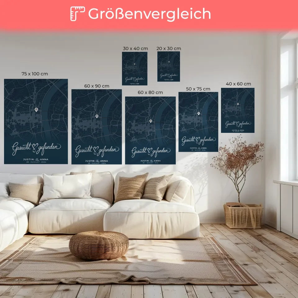 Personalisierte Liebes Leinwand für Paare Stadtkarte Blau gesucht gefunden 6