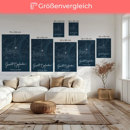 Personalisierte Liebes Leinwand für Paare Stadtkarte Blau gesucht gefunden 6