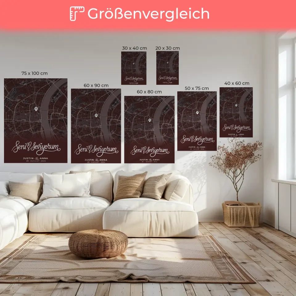 Personalisierte Leinwand für Paare mit Stadtkarte Seni Seviyorum