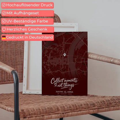 Personalisierte Liebes Leinwand für Paare Rot Stadtkarte Collect Moments