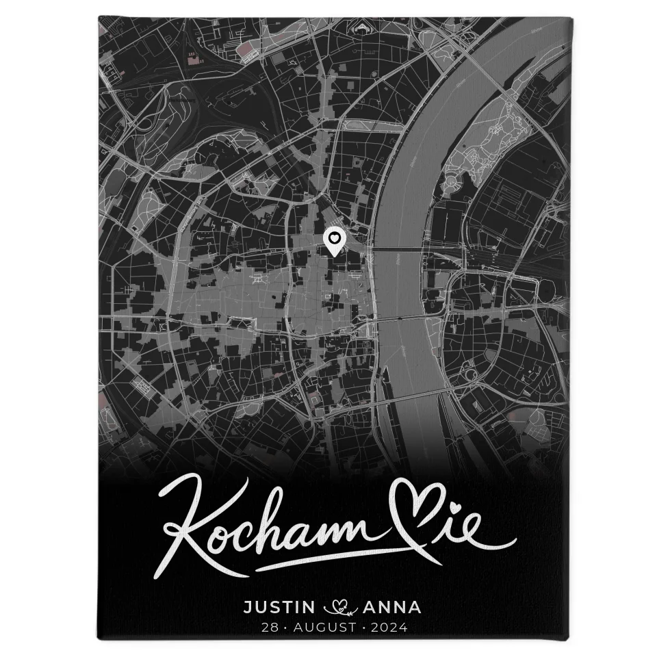 Personalisierte Leinwand Paare Stadtkarte Schwarz Kocham Cie 1