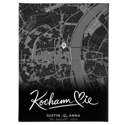 Personalisierte Leinwand Paare Stadtkarte Schwarz Kocham Cie 1
