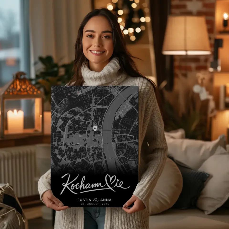 Personalisierte Leinwand Paare Stadtkarte Schwarz Kocham Cie 2