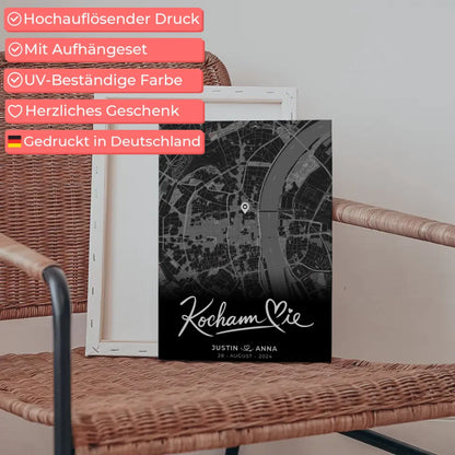 Personalisierte Leinwand Paare Stadtkarte Schwarz Kocham Cie 5