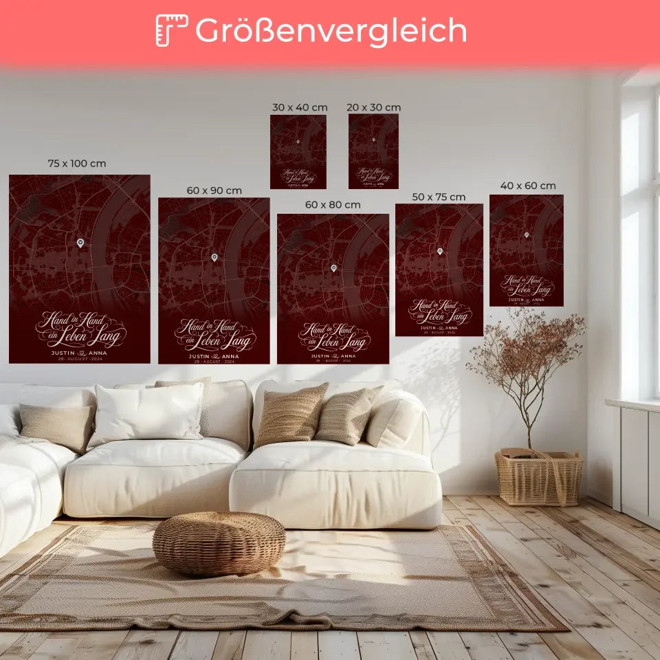 Personalisierte Liebes Leinwand Paare Stadtkarte Rot And Then You Smiled