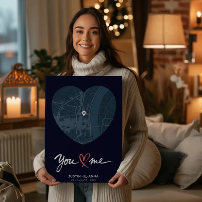 Personalisiertes Leinwand Poster Paare Stadtkarte Herzform You & Me