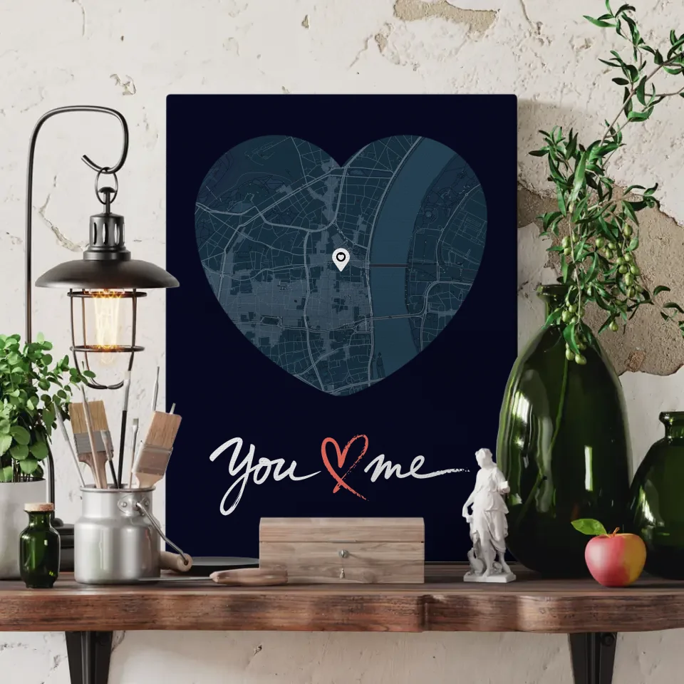 Personalisiertes Leinwand Poster Paare Stadtkarte Herzform You & Me