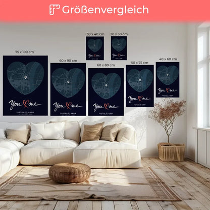 Personalisiertes Leinwand Poster Paare Stadtkarte Herzform You & Me