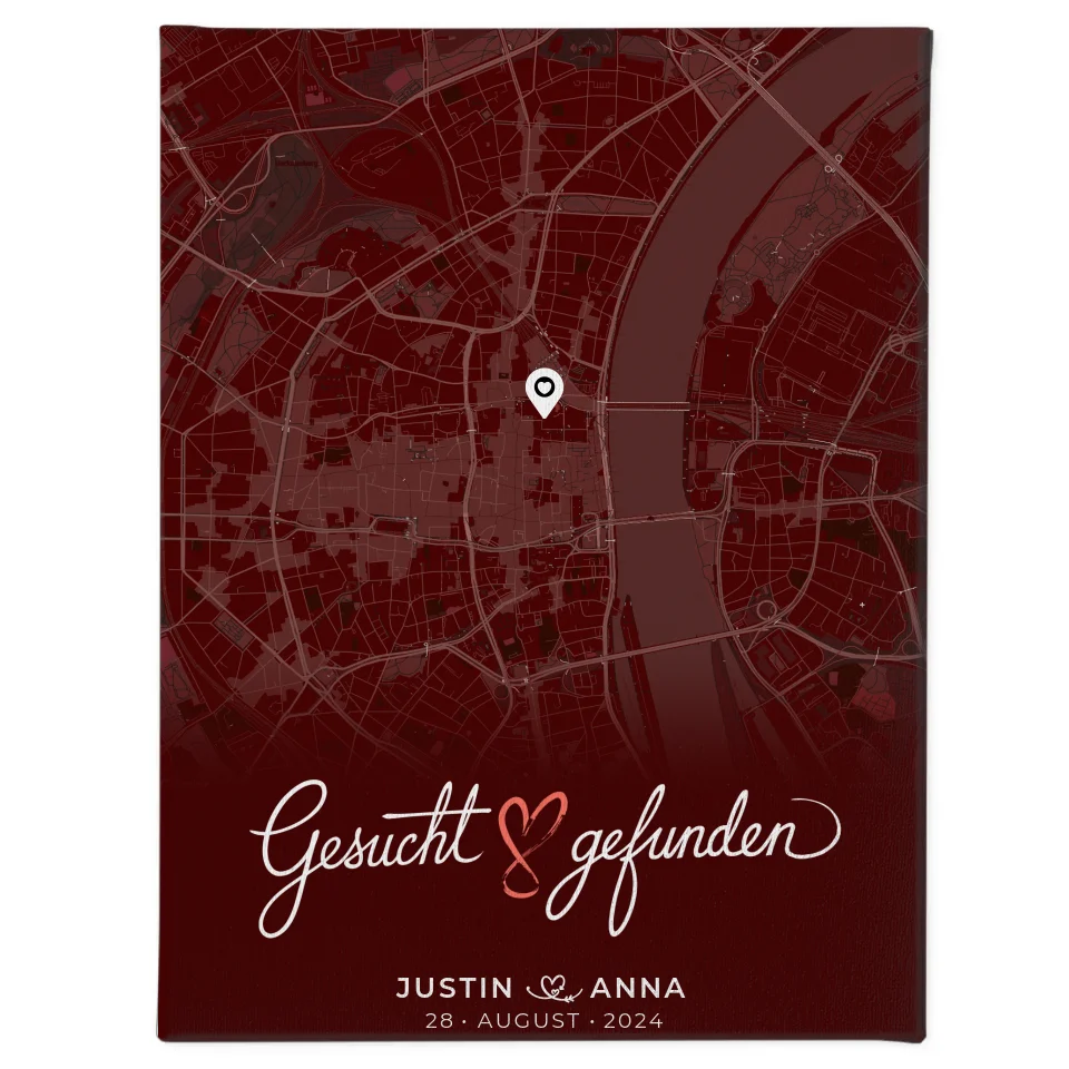 Personalisierte Rot Liebes Leinwand Stadtkarte für Paare Gesucht Gefunden 1