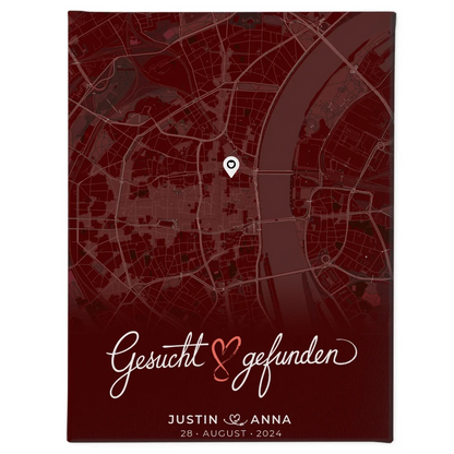Personalisierte Rot Liebes Leinwand Stadtkarte für Paare Gesucht Gefunden 1