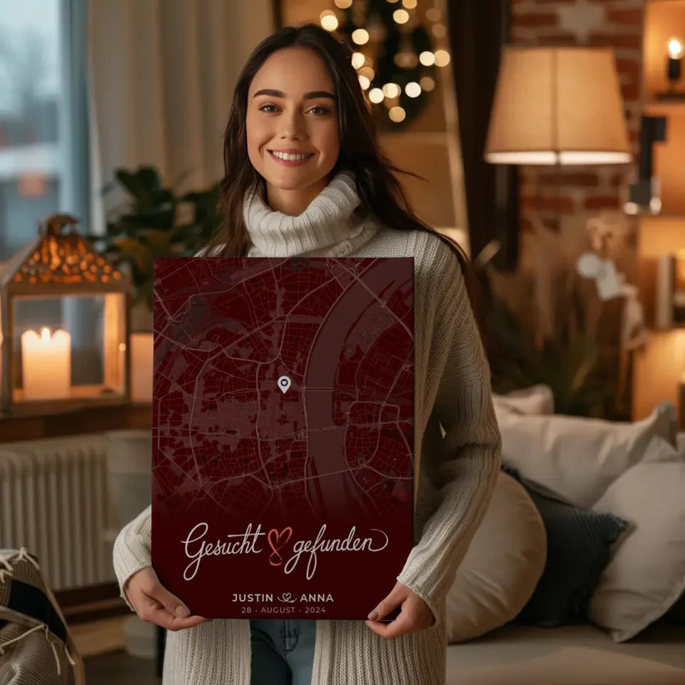 Personalisierte Rot Liebes Leinwand Stadtkarte für Paare Gesucht Gefunden 2