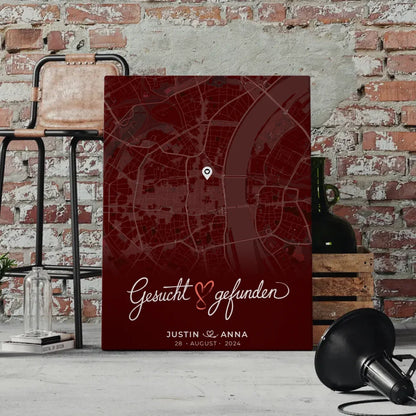 Personalisierte Rot Liebes Leinwand Stadtkarte für Paare Gesucht Gefunden 4